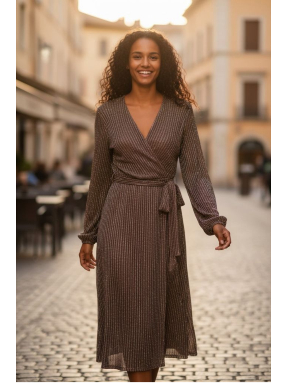 CHAUS new york Brown Silver Pleated Long Sleeve Dress S